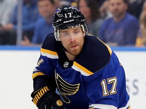 Jaden Schwartz of the St. Louis Blues leads his team in playoff goals this year with 12. (ELSA/Getty Images)
