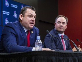 The Ottawa Senators announced that 42-year-old D.J. Smith will be the team's new head coach. Smith is the 14th head coach in team history. Smith and general manager Pierre Dorion at the press conference on Thursday, May 23, 2019. Errol McGihon/Postmedia