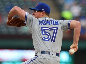 Trent Thornton of the Toronto Blue Jays delivers a pitch against the Texas Rangers in the first inning at Globe Life Park in Arlington on May 03, 2019 in Arlington, Texas. (RICHARD RODRIGUEZ/Getty Images)