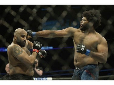 Arjan Singh Bhullar (left) fights Juan Adams (right) during UFC Fight Night Heavyweight bout held at Canadian Tire Centre on Saturday.