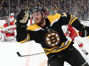 Boston Bruins fourth-liner Chris Wagner was injured blocking a shot in Game 3 against the Carolina Hurricanes. (Bruce Bennett/Getty Images)