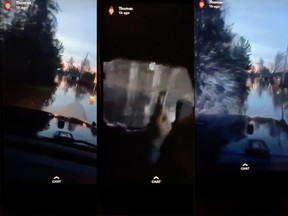 Stills from FB video of driver roaring down streets in Mansfield-et-Pontefract (near Fort Coulonge) throwing up huge waves.