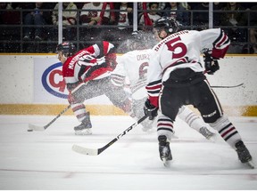 Ottawa 67's  Kyle Maksimovich keeps the puck away from the Guelph Storm during the game at TD Place Arena Saturday.