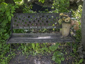 A ghost bench erected at Brantwood Park in memory of Nadia Kajouji, a first-year Carleton University student who took her life in 2008, sits derelict.