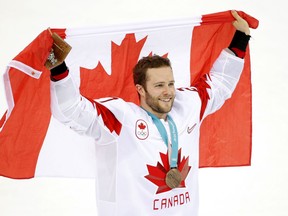 Canada defenseman Cody Goloubef celebrates their win against Czech Republic for the bronze medal at the 2018 Olympic Winter Games in Pyeongchang, South Korea, on Saturday, February 24, 2018.