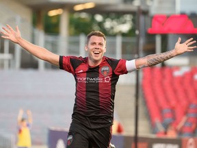 Carl Haworth of Ottawa Fury FC celebrates one of his two goals during a game against the Charleston Battery at TD Place stadium on Wednesday, June 26, 2019.