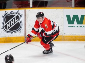 Ottawa 67's rookie Matt Maggio with the puck against the Owen Sound Attack on Dec. 15, 2018 at TD Place arena.