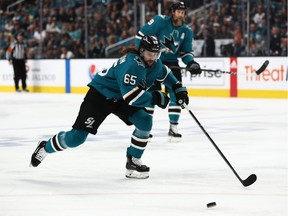 Erik Karlsson (65) of the San Jose Sharks skates after a puck against the St. Louis Blues in Game Five of the Western Conference Final during the 2019 NHL Stanley Cup Playoffs at SAP Center on May 19, 2019, in San Jose, Calif.