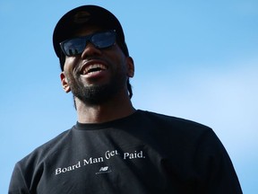 Kawhi Leonard of the Toronto Raptors looks on during the Toronto Raptors Victory Parade on June 17, 2019 in Toronto, Canada.