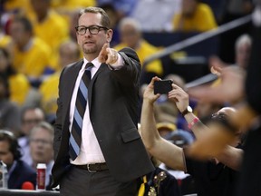 Head coach Nick Nurse of the Toronto Raptors reacts against the Golden State Warriors in the first half during Game 3 of the 2019 NBA Finals.