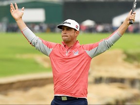 Gary Woodland celebrates on the 18th green after winning the 2019 U.S. Open at Pebble Beach Golf Links on June 16, 2019 in Pebble Beach, Calif. (Ross Kinnaird/Getty Images)