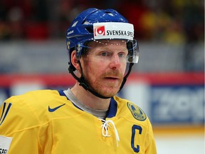 Former Ottawa Senator's captain Daniel Alfredsson looks on during the IIHF World Championship group S match between Sweden and Latvia at Ericsson Globe on May 15, 2012 in Stockholm, Sweden.