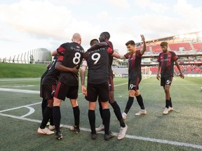 The Ottawa Fury FC celebrates a goal during Wednesday’s win over Charleston Battery. (Matt Zambonin/Freestyle Photography)