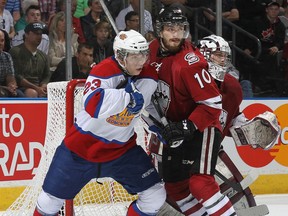 Files: Nick Ebert #10 of the Guelph Storm in the final of the 2014 MasterCard Memorial Cup at Budweiser Gardens on May 25, 2014 in London, Ontario, Canada.