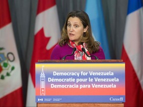In this file photo taken on Feb. 4, 2019, Foreign Affairs Minister Chrystia Freeland delivers her opening remarks at the 10th Lima Group in Ottawa. (LARS HAGBERG/AFP/Getty Images)