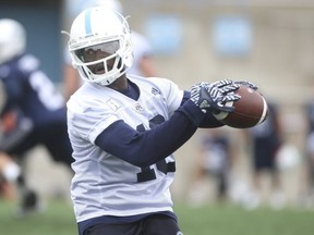 Toronto Argonauts Armanti Edwards WR (10) catches a ball on a play at practice held at Lamport Stadium in Toronto, Ont. on Thursday August 30, 2018.