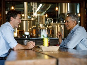 Prime Minister Justin Trudeau and former U.S. president Barack Obama meet at the Big Rig brewery in Kanata on May 31, 2019. Obama later spoke to an audience of about 12,000 people at an event hosted by the progressive think-tank Canada 2020.