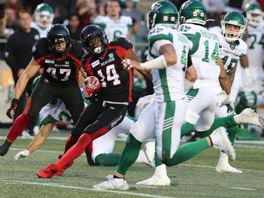 Ryan Lankford looks for a running route on a punt return in the first half as the Ottawa Redblacks take on the Saskatchewan Roughriders in CFL action at TD Place in Ottawa. Photo by Wayne Cuddington / Postmedia