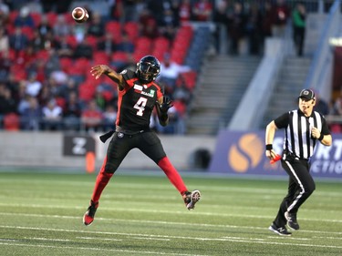 Dominique Davis throws a bomb in the first half as the Ottawa Redblacks take on the Saskatchewan Roughriders in CFL action at TD Place in Ottawa.