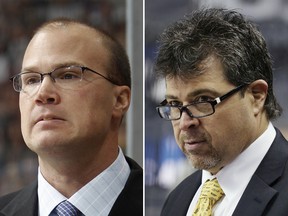 St. Louis Blues head coach Davis Payne (left) and New York Islanders head coach Jack Capuano have been hired by the Ottawa Senators to join the staff of head coach D.J. Smith.