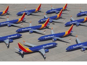 A number of grounded Southwest Airlines Boeing 737 MAX 8 aircraft are shown parked at Victorville Airport in Victorville, California, U.S., March 26, 2019.