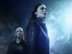 This image released by Twentieth Century Fox shows Sophie Turner and Jessica Chastain, left, in a scene from "Dark Phoenix." (Twentieth Century Fox)