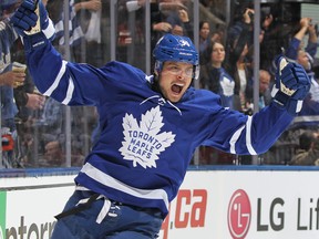 Auston Matthews of the Toronto Maple Leafs celebrates his 1st of two goals against the Boston Bruins in Game 4 of the Eastern Conference First Round during the 2019 NHL Stanley Cup Playoffs at Scotiabank Arena on April 17, 2019 in Toronto. (Claus Andersen/Getty Images)