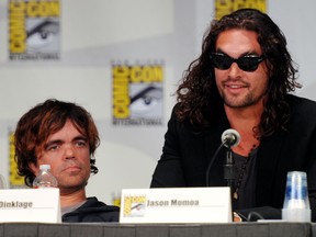 Actors Peter Dinklage, left, and Jason Momoa speak at HBO's "Game of Thrones" panel during Comic-Con 2011 on July 21, 2011 in San Diego, Calif. (Frazer Harrison/Getty Images)