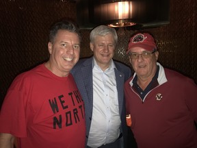 Sun columnist Jim Warren, former prime minister Stephen Harper, and James Villeneuve, Canada's former consul general to Los Angeles. (Jim Warren photo)