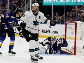 Sharks centre Joe Thornton celebrates after scoring a goal on Blues goalie Jordan Binnington during Game 3 of the NHL's Western Conference Finals at Enterprise Center in St Louis on May 15, 2019.