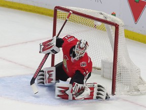 Ottawa Senators backup goalie Anders Nilsson makes a save against the Blue Jackets at Canadian Tire Centre on April 6, 2019.