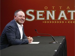 Ottawa Senators general manager Pierre Dorion talking to the media in Ottawa Monday June 17, 2019. Pierre takes to the media before his departure for the NHL Draft.