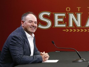 Ottawa Senators general manager Pierre Dorion talking to the media in Ottawa Monday June 17, 2019. Pierre takes to the media before his departure for the NHL Draft.  Tony Caldwell