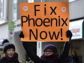 Members of the Public Service Alliance of Canada protest on the three year anniversary of the launch of the pay system in Ottawa on Thursday, Feb. 28, 2019.