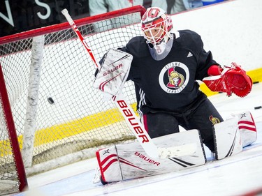 Goaltender Filip Gustavsson tries to stop a puck at the 3-on-3 tournament Saturday.