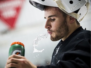 The Ottawa Senators development camp was at the Bell Sensplex for a 3-on-3 tournament Saturday, June 29, 2019. Goaltender Joey Daccord spits his drink.