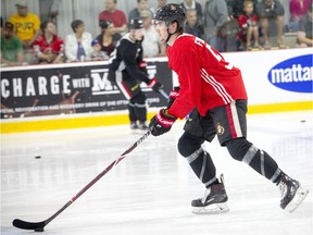 Alex Formenton takes the puck down the ice during the Ottawa Senators development camp in 2019.