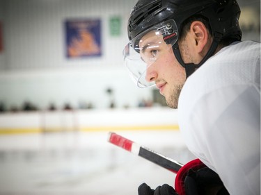 The Ottawa Senators development camp was at the Bell Sensplex for a 3-on-3 tournament Saturday June 29, 2019.  #21 Logan Brown on the bench before the warmup.   Ashley Fraser/Postmedia