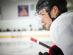 The Ottawa Senators development camp was at the Bell Sensplex for a 3-on-3 tournament Saturday June 29, 2019. Logan Brown on the bench before the warmup.