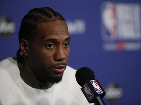 Toronto Raptors Kawhi Leonard speaks to the media at the after game press conferences in Toronto, Ont. on Friday May 31, 2019.