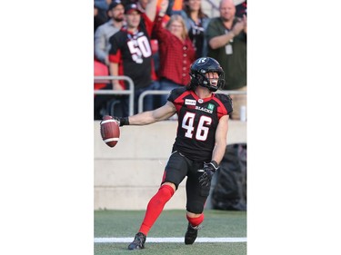 Jean-Christophe Beaulieu celebrates a touchdown in the first half as the Ottawa Redblacks take on the Saskatchewan Roughriders in CFL action at TD Place in Ottawa. Photo by Wayne Cuddington / Postmedia