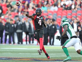 Dominique Davis throws a pass in the first half as the Ottawa Redblacks take on the Saskatchewan Roughriders in CFL action at TD Place in Ottawa.