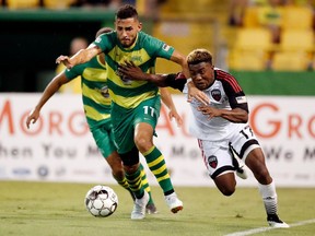 Ottawa Fury FC's Christiano François, right, battles for position against the Tampa Bay Rowdies' Leo Fernandes on Saturday, June 29, 2019 at Al Lang Stadium in Tampa. Matt May/Tampa Bay Rowdies