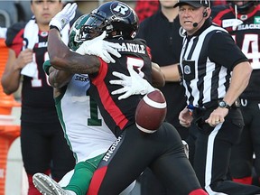 Chris Randle is called for pass interference on Shaq Evans  in the first half as the Ottawa Redblacks take on the Saskatchewan Roughriders in CFL action at TD Place in Ottawa.