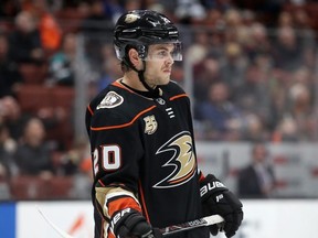 Pontus Aberg #20 of the Anaheim Ducks looks on during the third period of a game against the Toronto Maple Leafs at Honda Center on November 16, 2018 in Anaheim, California. (Sean M. Haffey/Getty Images)