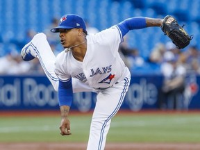 Marcus Stroman of the Toronto Blue Jays pitches against the Cleveland Indians in the third inning during their MLB game at the Rogers Centre on July 24, 2019 in Toronto, Canada.