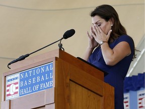 Brandy Halladay speaks on behalf of her late husband, Roy Halladay, during the Baseball Hall of Fame induction ceremony at Clark Sports Center on July 21, 2019 in Cooperstown, N.Y.