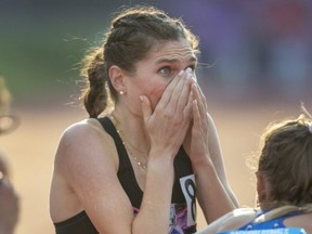 Madeleine Kelly, of Toronto, reacts after winning the Women's 800m final at the Canadian Track and Field Championships in Montreal, Saturday, July 27, 2019.