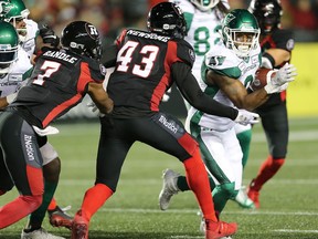 Jonathan Newsome (43) tries to cut off the angle on the Saskatchewan Roughriders' Marcus Thigpen during the second half of a CFL regular-season game at TD Place stadium earlier this season.
