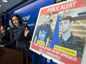 Security camera images recorded in Saskatchewan of Kam McLeod, 19, and Bryer Schmegelsky, 18, are displayed as RCMP Sgt. Janelle Shoihet speaks during a news conference in Surrey, B.C., on July 23, 2019.